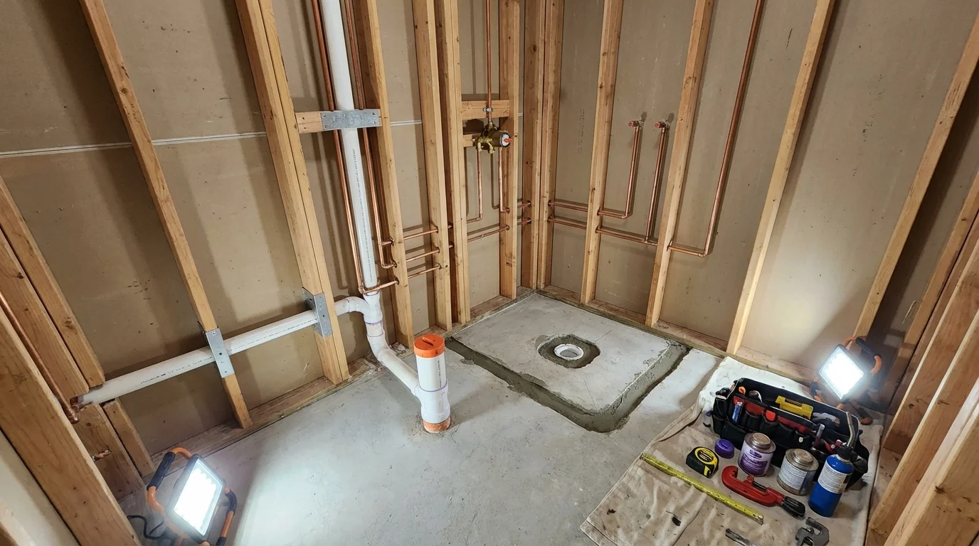 Bathroom rough-in plumbing during remodel by Johns Plumbing LLC in Lansford