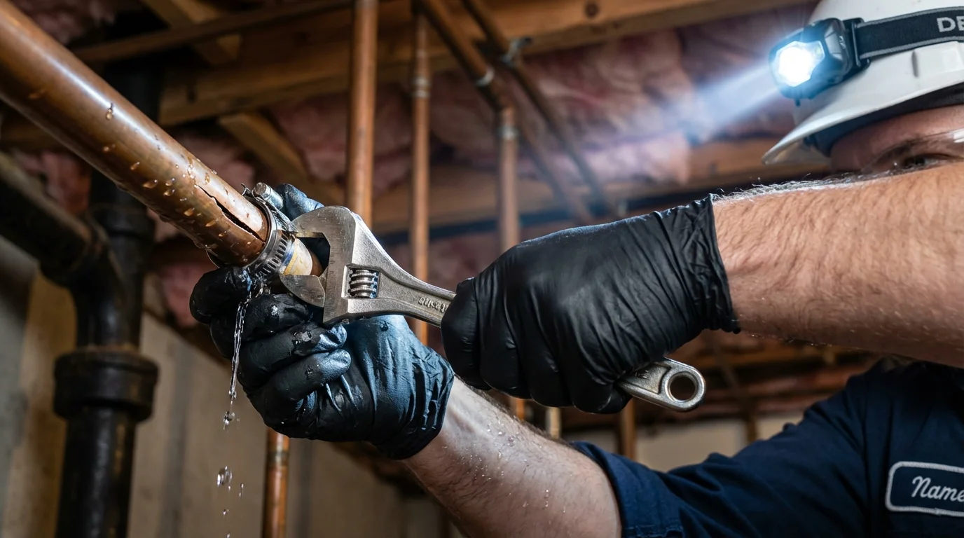 Emergency pipe clamp repair being performed by a Johns Plumbing LLC plumber in Lansford