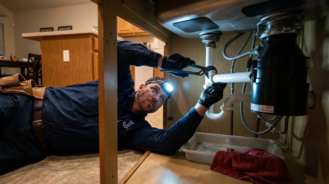P-trap and supply line connections under a kitchen sink showing a common leak point in Lansford, PA